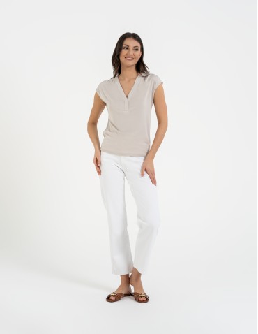 Bluzki i koszule - Bluzka damska z dekoltem V i krótkim rękawem BEŻOWY - produkt 3