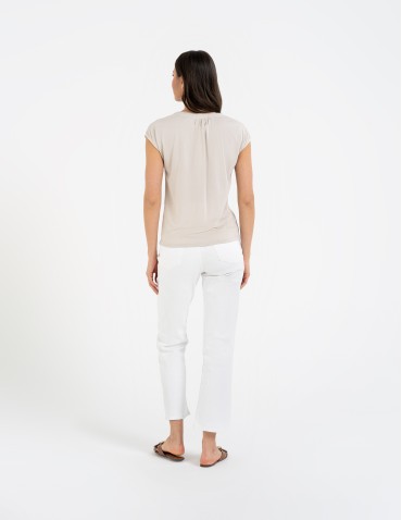 Bluzki i koszule - Bluzka damska z dekoltem V i krótkim rękawem BEŻOWY - produkt 4