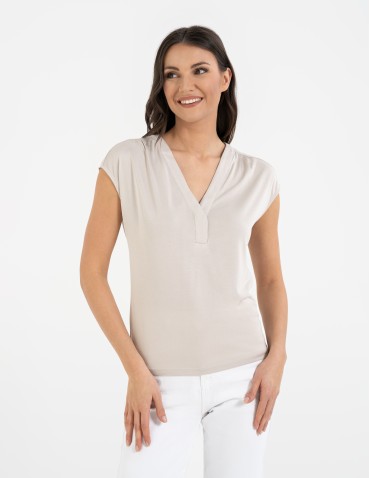Bluzki i koszule - Bluzka damska z dekoltem V i krótkim rękawem BEŻOWY - produkt 5
