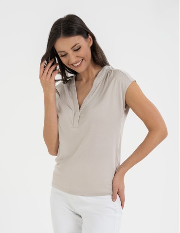 Bluzki i koszule - Bluzka damska z dekoltem V i krótkim rękawem BEŻOWY - produkt 6