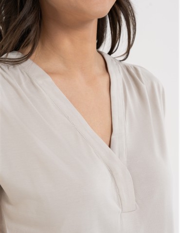 Bluzki i koszule - Bluzka damska z dekoltem V i krótkim rękawem BEŻOWY - produkt 8