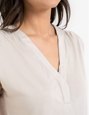 Bluzki i koszule - Bluzka damska z dekoltem V i krótkim rękawem BEŻOWY - produkt 9