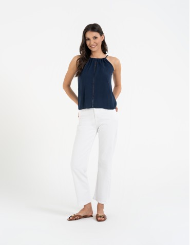 Bluzki bez rękawów - Bluzka damska na ramiączkach z haftem GRANATOWY - produkt 12