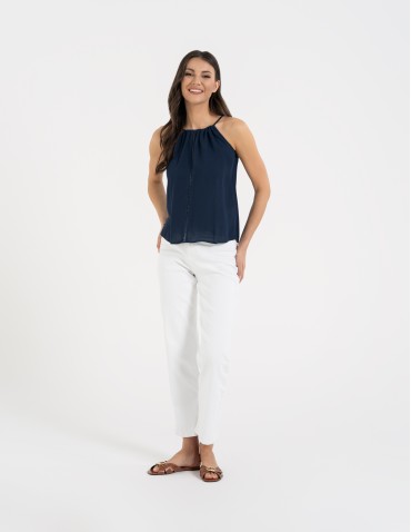 Bluzki bez rękawów - Bluzka damska na ramiączkach z haftem GRANATOWY - produkt 13