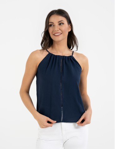 Bluzki bez rękawów - Bluzka damska na ramiączkach z haftem GRANATOWY - produkt 4