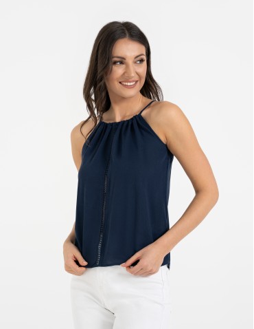 Bluzki bez rękawów - Bluzka damska na ramiączkach z haftem GRANATOWY - produkt 5