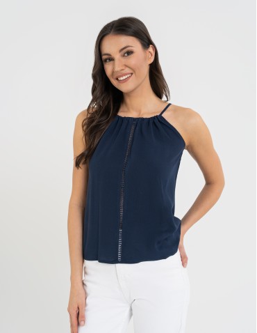 Bluzki bez rękawów - Bluzka damska na ramiączkach z haftem GRANATOWY - produkt 8