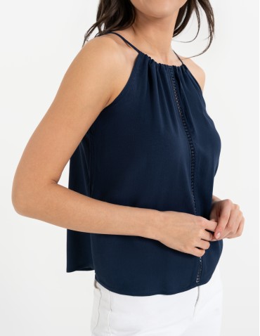 Bluzki bez rękawów - Bluzka damska na ramiączkach z haftem GRANATOWY - produkt 9