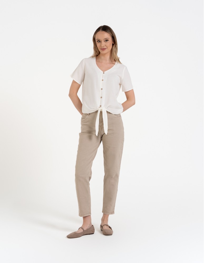 Bluzki z krótkim rękawem - Damska bluzka z wiązaniem z dodatkiem lnu BIAŁY - produkt moraj.pl 3