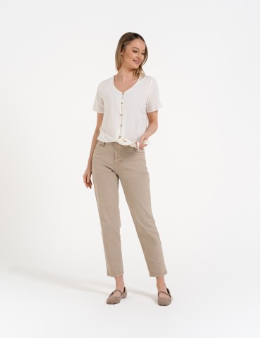 Bluzki z krótkim rękawem - Damska bluzka z wiązaniem z dodatkiem lnu BIAŁY - produkt 4