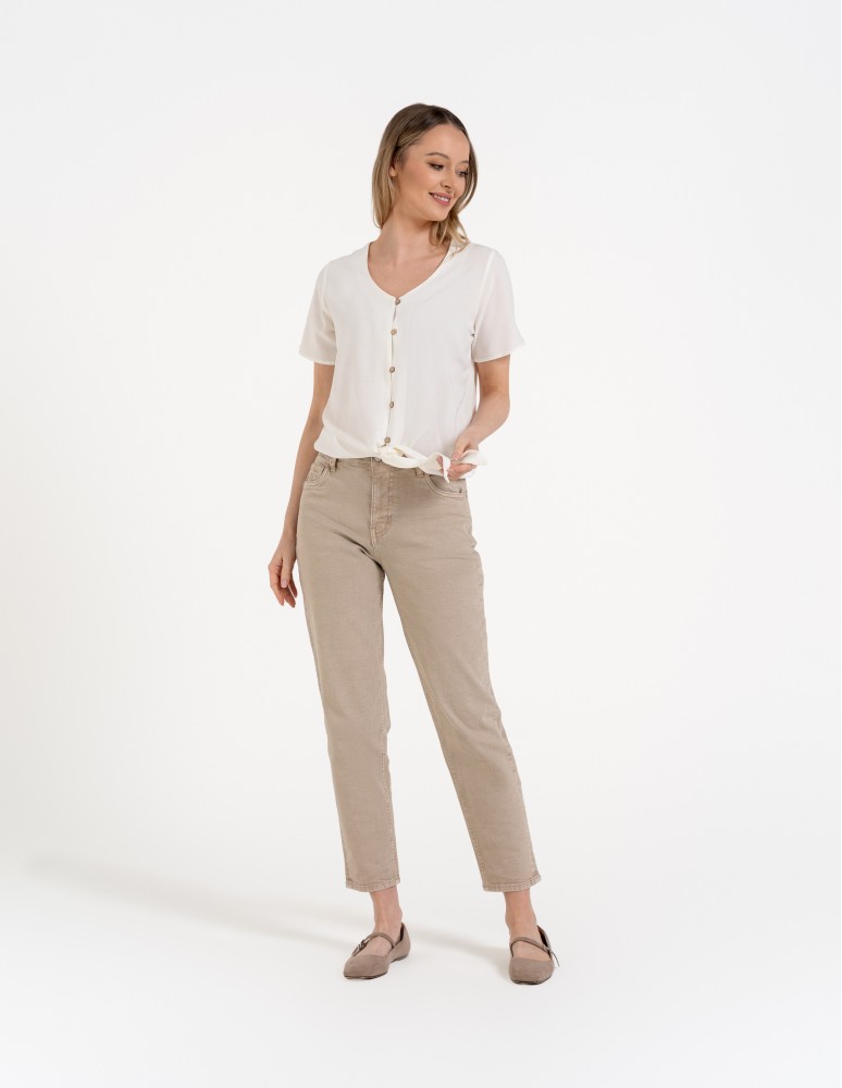 Bluzki z krótkim rękawem - Damska bluzka z wiązaniem z dodatkiem lnu BIAŁY - produkt moraj.pl 4