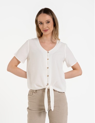 Bluzki z krótkim rękawem - Damska bluzka z wiązaniem z dodatkiem lnu BIAŁY - produkt 1