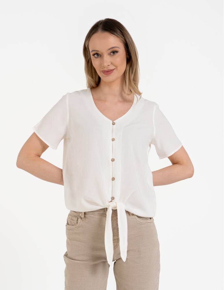 Damska bluzka z wiązaniem z dodatkiem lnu BIAŁY