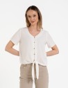 Damska bluzka z wiązaniem z dodatkiem lnu BIAŁY