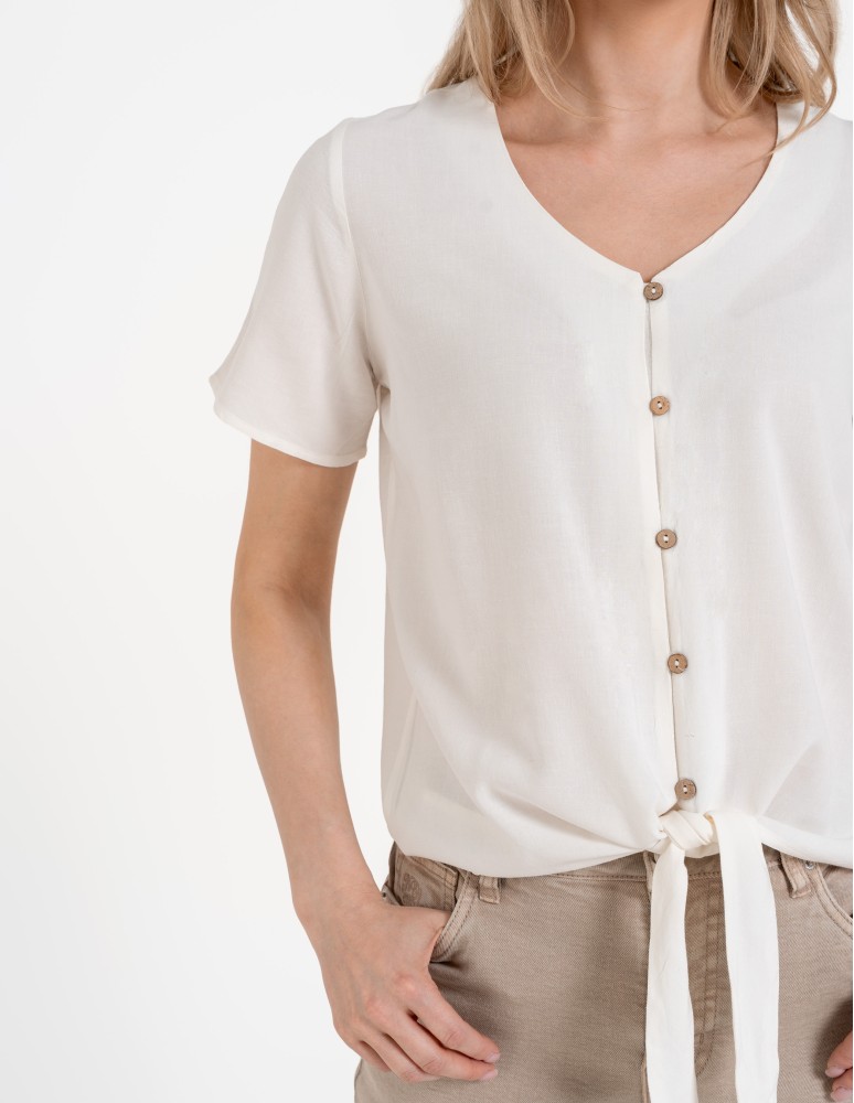 Bluzki z krótkim rękawem - Damska bluzka z wiązaniem z dodatkiem lnu BIAŁY - produkt moraj.pl 2