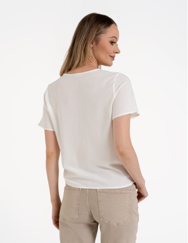 Bluzki z krótkim rękawem - Damska bluzka z wiązaniem z dodatkiem lnu BIAŁY - produkt 6