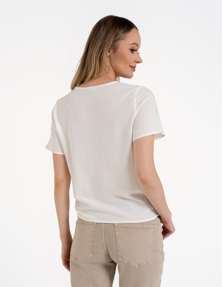 Bluzki z krótkim rękawem - Damska bluzka z wiązaniem z dodatkiem lnu BIAŁY - produkt moraj.pl 6