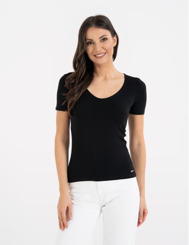 Bluzki i koszule - Bluzka damska z dekoltem w serek wiskozowa bez wzoru CZARNY - produkt 7