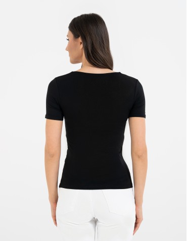 Bluzki i koszule - Bluzka damska z dekoltem w serek wiskozowa bez wzoru CZARNY - produkt 8