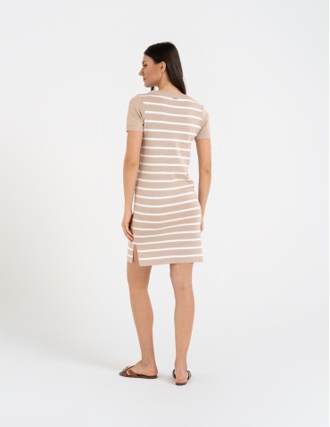 Sukienki i kombinezony - Sukienka damska dzianinowa w paski z krótkim rękawem BEŻOWY - produkt 6