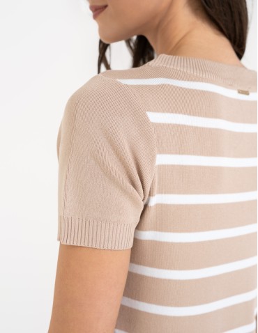 Sukienki i kombinezony - Sukienka damska dzianinowa w paski z krótkim rękawem BEŻOWY - produkt 7