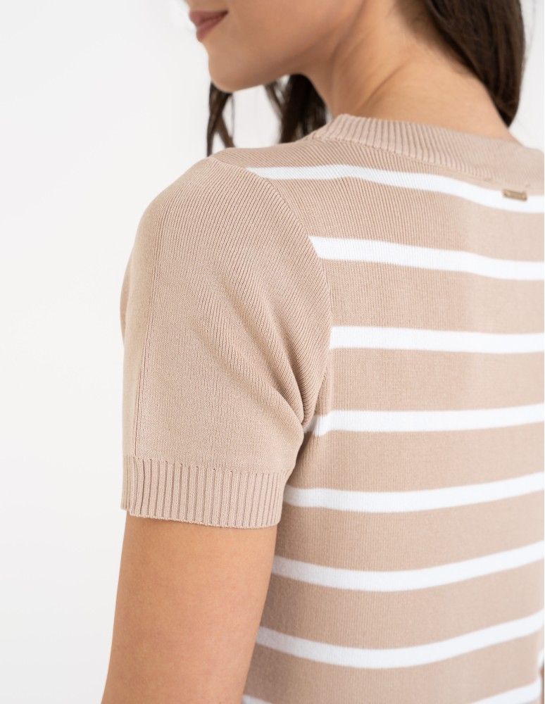 Sukienki i kombinezony - Sukienka damska dzianinowa w paski z krótkim rękawem BEŻOWY  - produkt moraj.pl 7