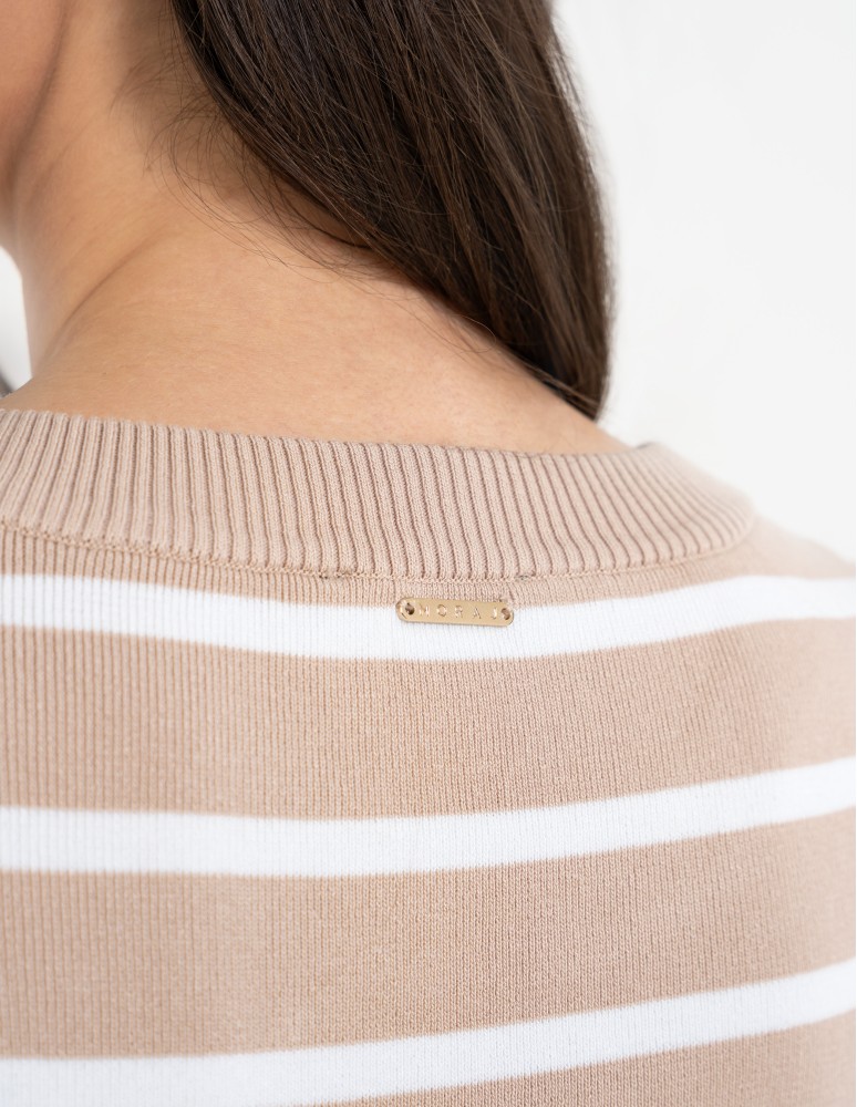 Sukienki i kombinezony - Sukienka damska dzianinowa w paski z krótkim rękawem BEŻOWY  - produkt moraj.pl 8