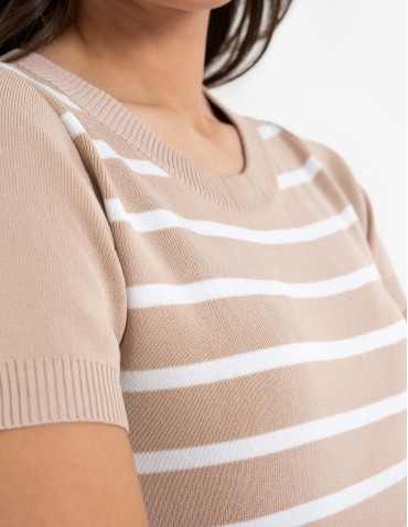 Sukienki i kombinezony - Sukienka damska dzianinowa w paski z krótkim rękawem BEŻOWY - produkt 11