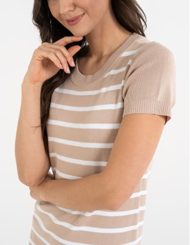 Sukienki i kombinezony - Sukienka damska dzianinowa w paski z krótkim rękawem BEŻOWY - produkt 12