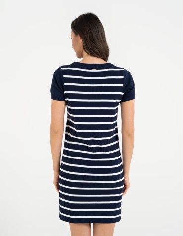 Sukienki i kombinezony - Sukienka damska dzianinowa w paski z krótkim rękawem GRANATOWY - produkt 8