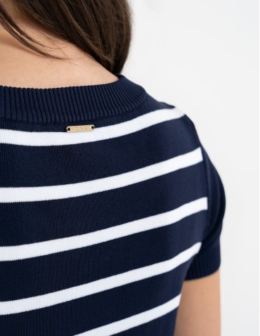 Sukienki i kombinezony - Sukienka damska dzianinowa w paski z krótkim rękawem GRANATOWY - produkt 9