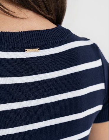 Sukienki i kombinezony - Sukienka damska dzianinowa w paski z krótkim rękawem GRANATOWY - produkt 6