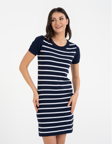 Sukienki i kombinezony - Sukienka damska dzianinowa w paski z krótkim rękawem GRANATOWY - produkt 3
