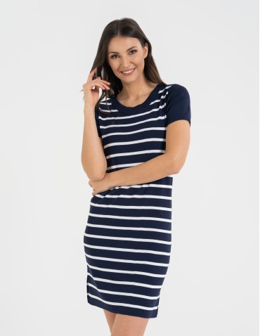 Sukienki i kombinezony - Sukienka damska dzianinowa w paski z krótkim rękawem GRANATOWY - produkt 7