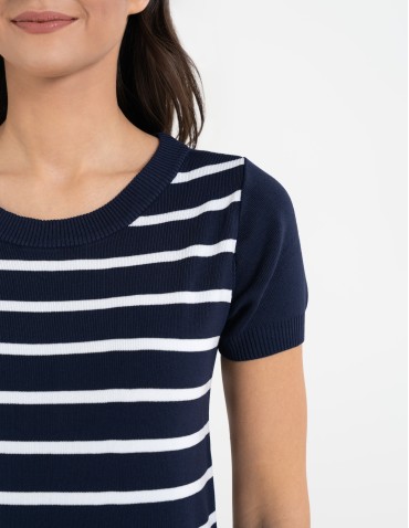 Sukienki i kombinezony - Sukienka damska dzianinowa w paski z krótkim rękawem GRANATOWY - produkt 4