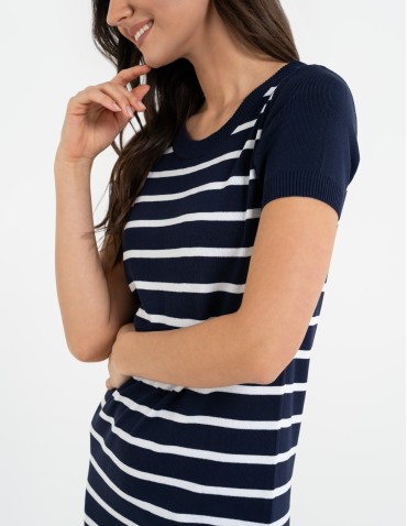 Sukienka damska dzianinowa w paski z krótkim rękawem - GRANATOWY - produkt 2