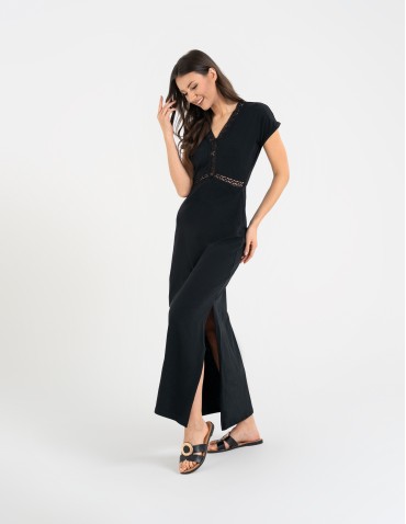 Sukienki maxi - Sukienka damska maxi z dekoltem w serek i rozcięciem CZARNY - produkt 12