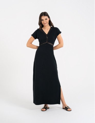 Sukienka damska maxi z dekoltem w serek i rozcięciem - CZARNY