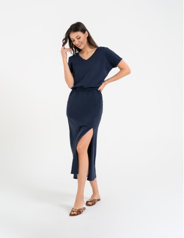 Sukienki i kombinezony - Sukienka damska maxi z rozcięciem i dekoltem V bawełniana GRANATOWY - produkt 4