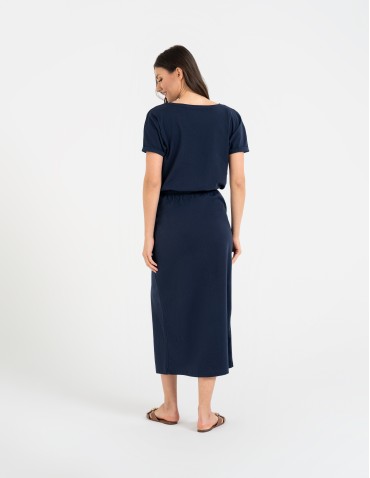 Sukienki i kombinezony - Sukienka damska maxi z rozcięciem i dekoltem V bawełniana GRANATOWY - produkt 13