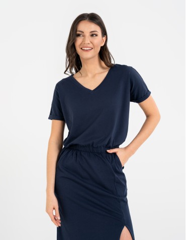 Sukienki i kombinezony - Sukienka damska maxi z rozcięciem i dekoltem V bawełniana GRANATOWY - produkt 2