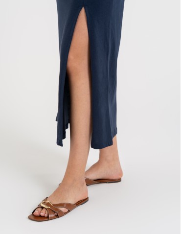 Sukienki i kombinezony - Sukienka damska maxi z rozcięciem i dekoltem V bawełniana GRANATOWY - produkt 12