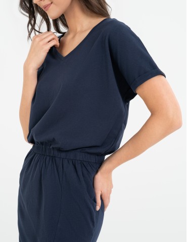 Sukienki i kombinezony - Sukienka damska maxi z rozcięciem i dekoltem V bawełniana GRANATOWY - produkt 3