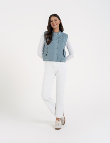 Kurtki i kamizelki - Damska kamizelka pikowana przejściowa krótka NIEBIESKI - produkt 3