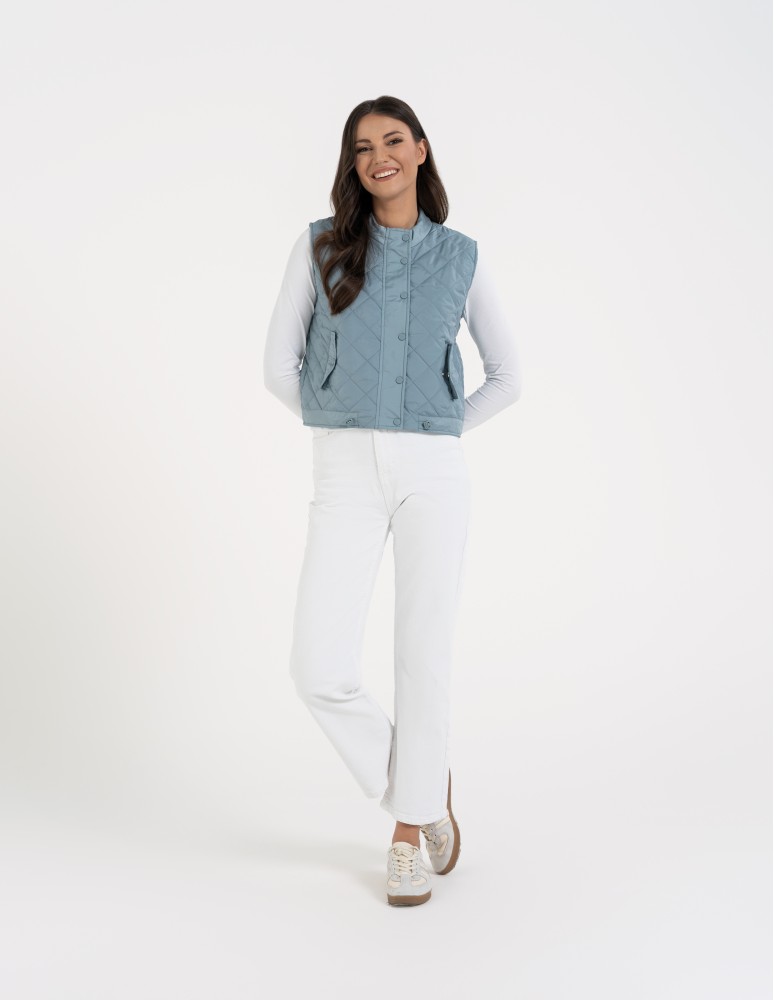 Kurtki i kamizelki - Damska kamizelka pikowana przejściowa krótka NIEBIESKI  - produkt moraj.pl 3