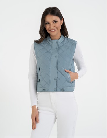 Kurtki i kamizelki - Damska kamizelka pikowana przejściowa krótka NIEBIESKI - produkt 1