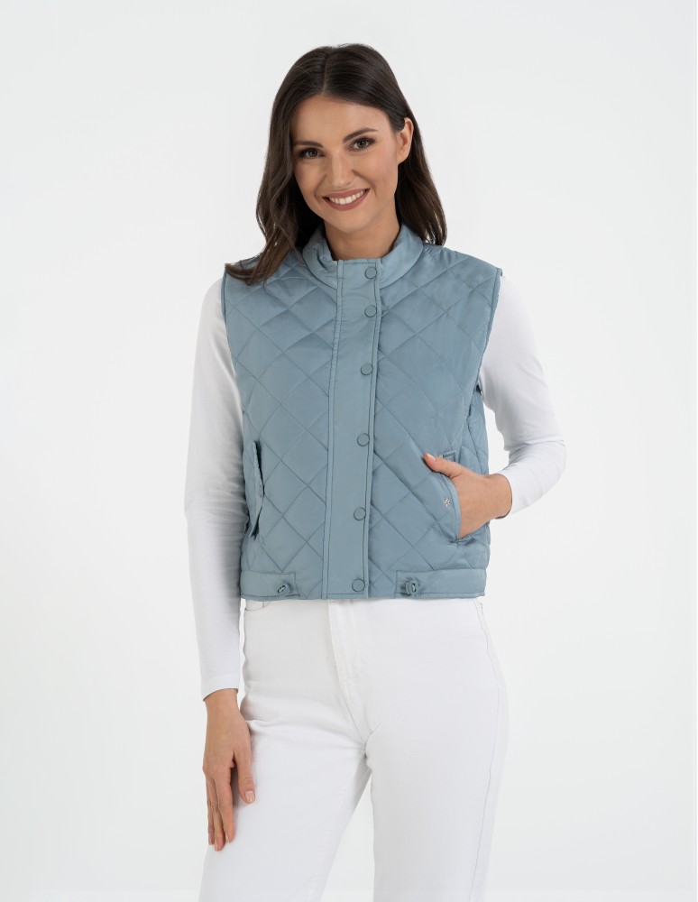 Kurtki i kamizelki - Damska kamizelka pikowana przejściowa krótka NIEBIESKI - produkt moraj.pl 1