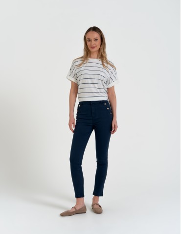 Spodnie damskie z wysokim stanem i złotymi guzikami