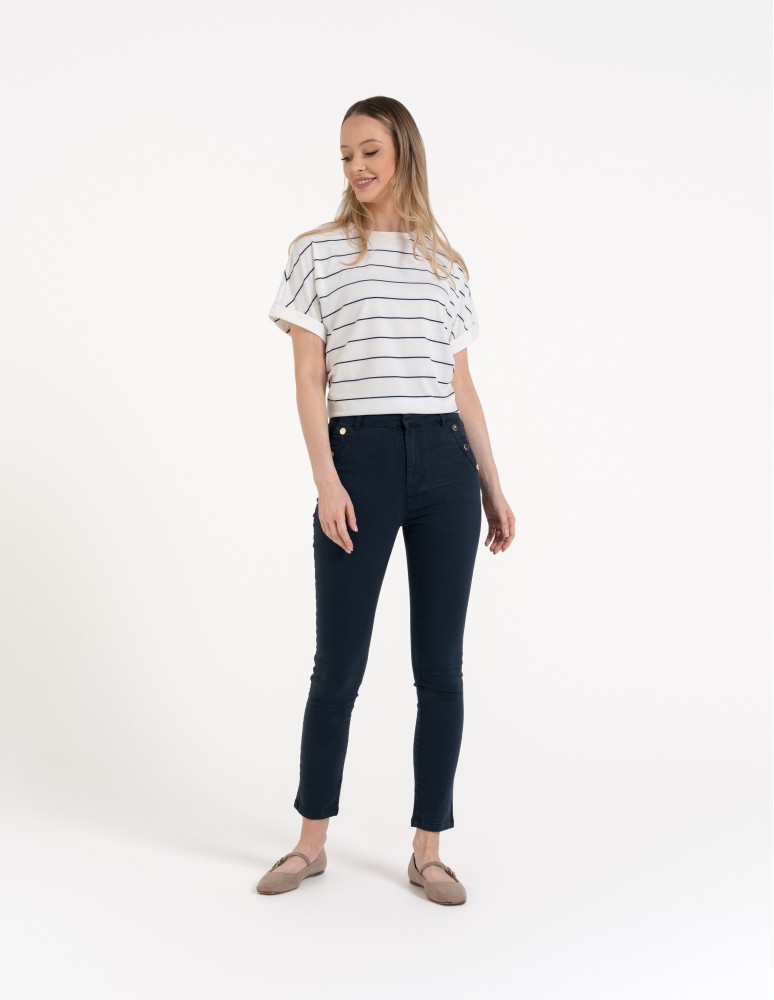 Spodnie damskie - Spodnie damskie z wysokim stanem i złotymi guzikami NIEBIESKI - produkt moraj.pl 3