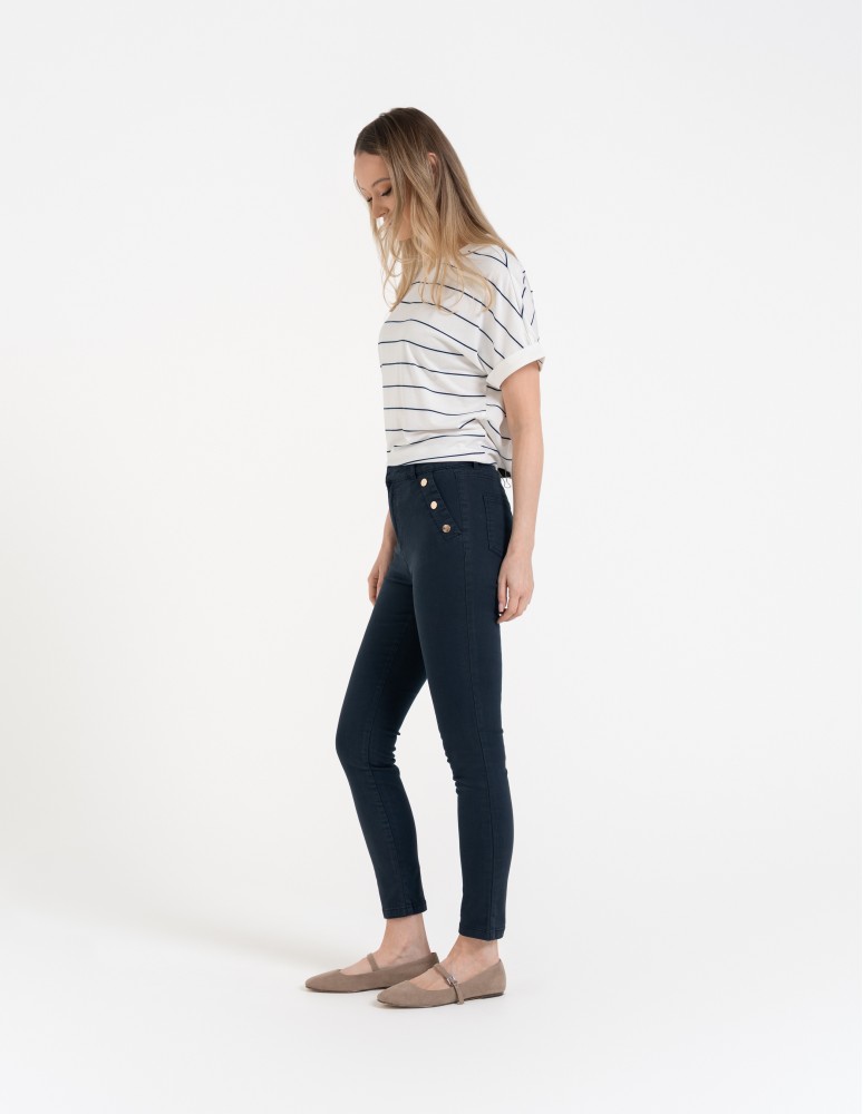 Spodnie damskie - Spodnie damskie z wysokim stanem i złotymi guzikami NIEBIESKI - produkt moraj.pl 4